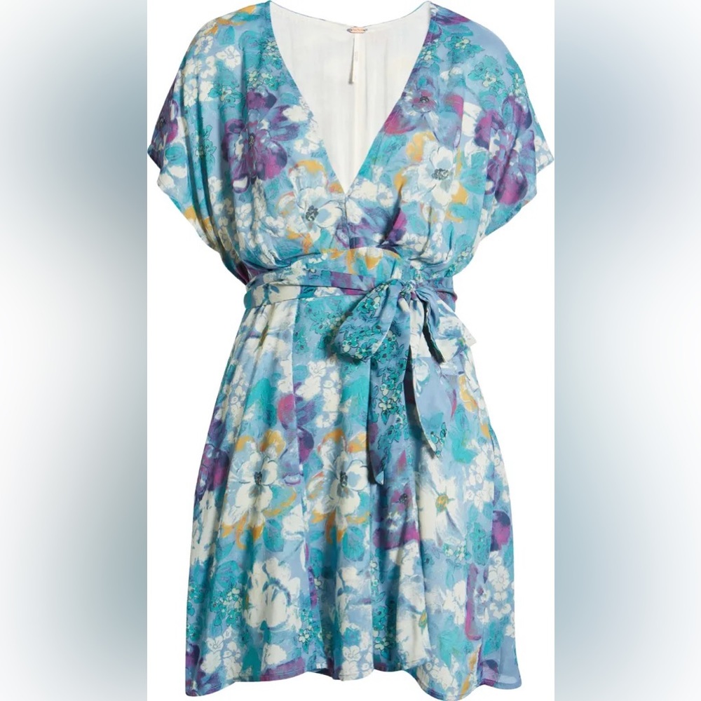 Large Free People Women Blue Night Combo Floral Freddy Tie Waist Minidress